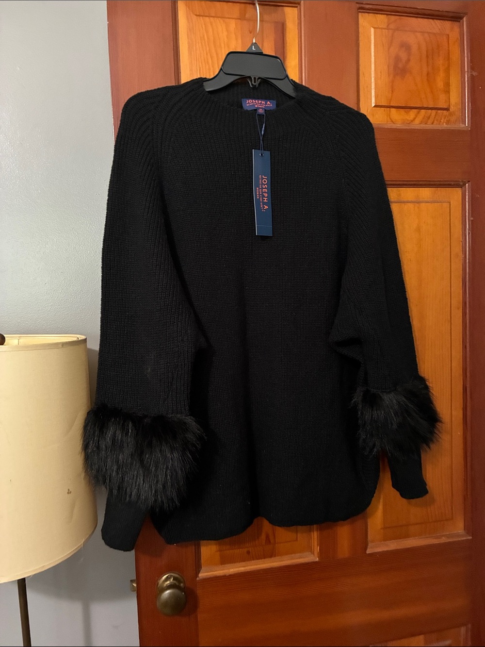 Joseph Black Crewneck Sweater with Faux Fur Sleeve Cuffs